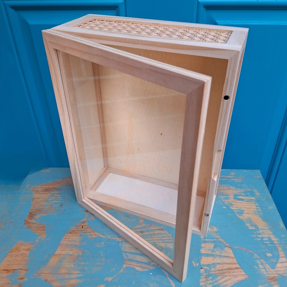 Wood and Glass Display Box or Wall Shelf Hinged Lid Wicker Trinkets Collectibles